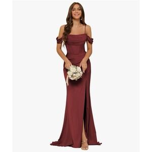NWT Satin Bridesmaid Dress Size 8 Burgundy Wine Prom Off the Shoulder